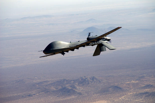 The Army's Gray Eagle drone packs four Hellfire air-to-surface missiles and can stay aloft for 24 hours. (US Army photo)
