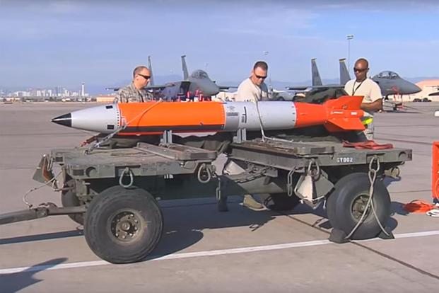 The US Air Force and National Nuclear Security Administration (NNSA) prepare a flight test of the B61-12 guided nuclear bomb at the Nevada Test and Training Range. (Screengrab of U.S. Air Force Video by SSgt. Cody Griffith)