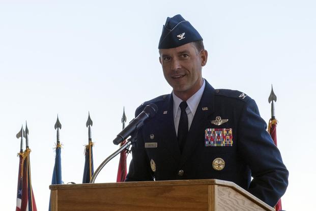 U.S. Air Force Col. Ethan Griffin delivers his first speech as commander, 60th Air Mobility Wing, during a change of command ceremony, July 10, 2018, Travis Air Force Base, Calif. (U.S. Air Force/Heide Couch)