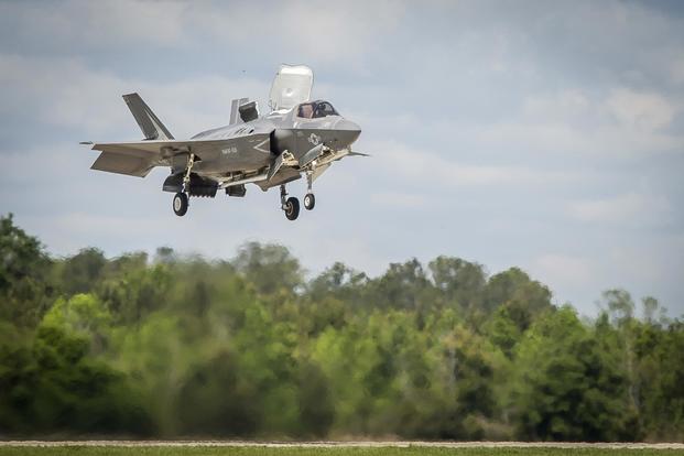 An F-35B Lighting II aircraft prepares to land during a training exercise with Airborne Tactical Advantage Company aboard Marine Corps Air Station Beaufort, April 14, 2017. (U.S. Marine Corps/ Lance Cpl. Ashley Phillips)