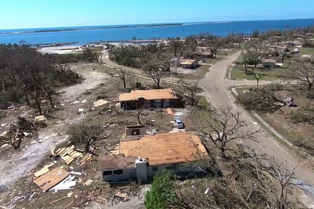 A screen shot of an Air Force video shows housing destruction caused by Hurricane Michael. (U.S. Air Force)