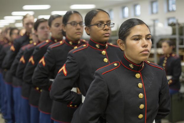 Marines with November Company, 4th Recruit Training Battalion wait in line Nov. 9, 2018 to have their uniforms examined by base fitters at Marine Corps Recruit Depot Parris Island, S.C. (U.S. Marine Corps/Staff Sgt. Tyler Hlavac)