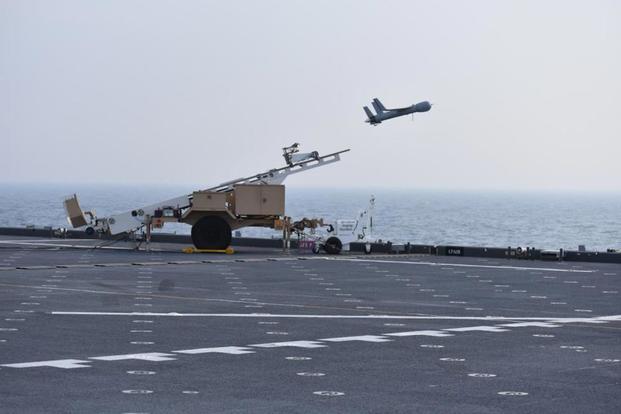 A ScanEagle is launched during a Strait of Hormuz transit aboard USS Lewis B. Puller (ESB 3), Feb. 26, 2018. (U.S. Navy/Chief Logistics Specialist Brandon Cummings)