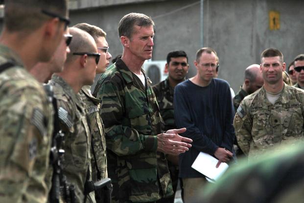 Then International Security Assistance Force commander Gen. Stanley McChrystal visits Korengal Outpost during Operation Mountain Decent 2, April 8, 2010. (DoD Photo/ Spc. Victor Egorov)