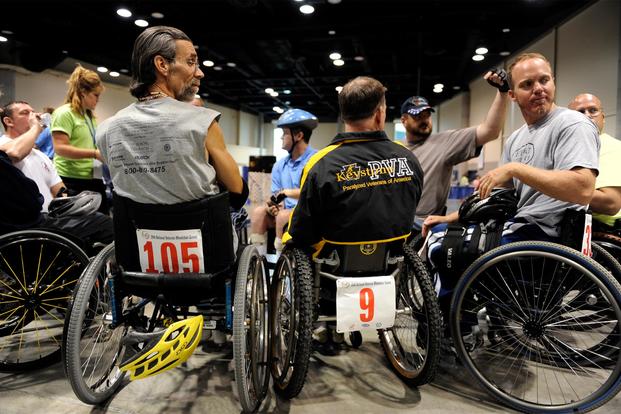 Veterans gather in the Spokane Convention Center before the slalom super G competition begins during the 29th National Veterans Wheelchair Games July 16, 2009 in Spokane, Wash. (U.S. Air Force/Staff Sgt. Desiree N. Palacios)