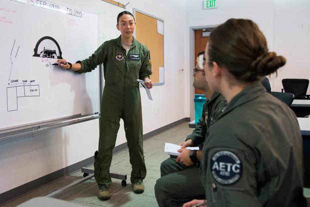 Air Force Capt. Christine Durham, Pilot Training Next instructor pilot, gives a briefing to her students prior to a training mission Feb. 5, 2019, at the Armed Forces Reserve Center in Austin, Texas. 