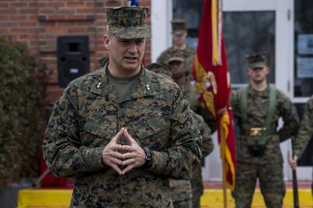 U.S. Marine Maj. Gen. David J. Furness, commanding general of 2nd Marine Division, gives his remarks during the 2nd Marine Regiment change of command ceremony on Camp Lejeune, N.C., Jan. 18, 2019. (U.S. Marine Corps photo/Antonia E. Mercado)