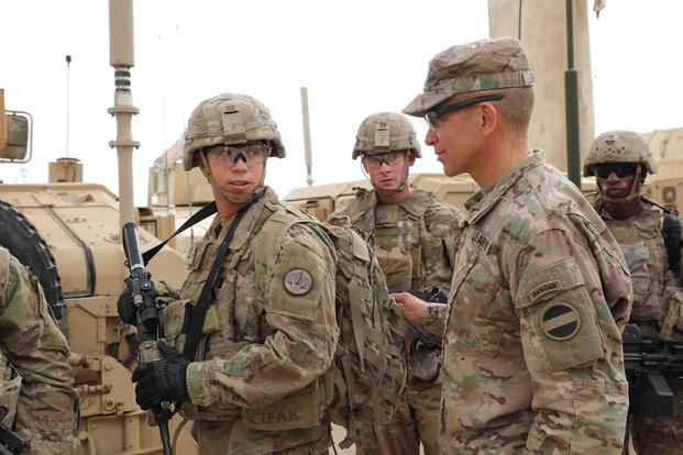 U.S. Army Command Sgt. Maj. Michael Grinston, command sergeant major of Army Forces Command, right, speaks about the importance of having the correct gear and equipment to accomplish the mission. He met with soldiers of the 3rd Cavalry Regiment on Nov. 19, 2018, in Baghdad, Iraq. (U.S. Army photo by Sgt. Phillip McTaggart)