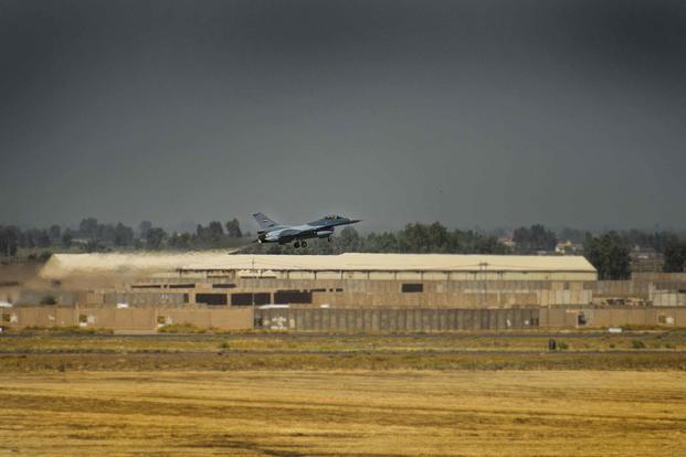 An Iraqi F-16 Fighting Falcon fighter aircraft, assigned to the 9th Fighter Squadron, takes off prior to performing a Close Air Support Mission at Balad Air Base, Iraq, on June 17, 2019. (U.S. Air Force photo by Staff Sgt. Luke Kitterman)