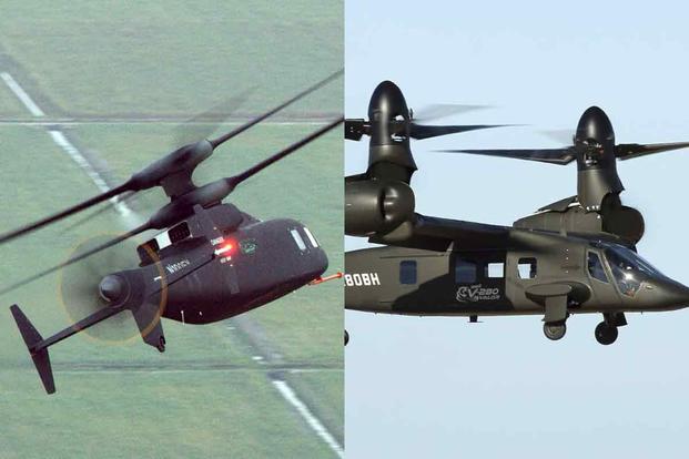 Sikorsky-Boeing’s SB-1 Defiant helicopter prototype (left) and Bell Textron V-280 Valor helicopter prototype (right). 