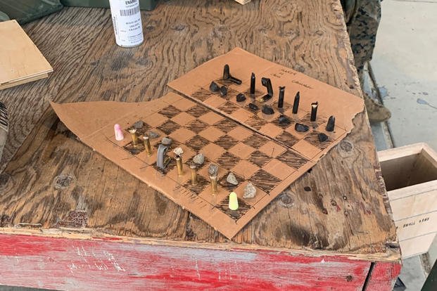 chess board and pieces made by students at the Infantry Marine Course out of Camp Pendleton