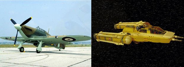 (Left: USAF photo of a Hawker Hurricane/ Right: picture of a Y-Wing by Beau B via Flickr)