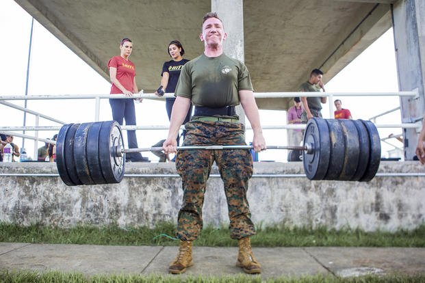 A Marine performs the deadlift during a HITT Preliminary Challenge.