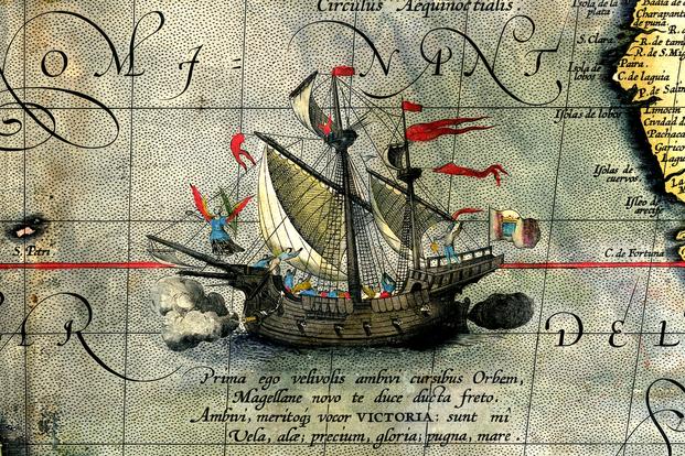 Nao Victoria, the ship accomplishing the circumnavigation and the only to return from the expedition. (Detail from a map by Abraham Ortelius/Wikimedia) Magellan map