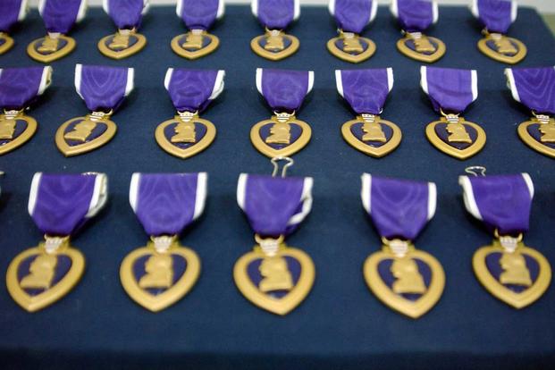 An array of Purple Heart medals laid out on velvet background