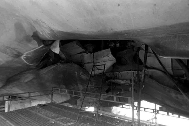 An Iranian mine blew a 20-foot hole in the hull of the USS Samuel B. Roberts. (U.S. Navy)
