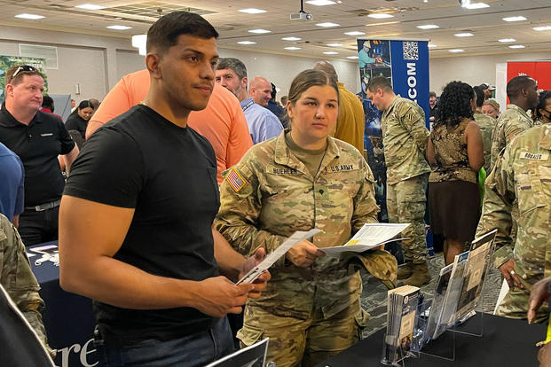 U.S. Army Spc. Sydney Buehler, an Army cannon crew member with 3rd Infantry Division, attends a national job fair at Fort Stewart, Georgia, Aug. 18, 2022.