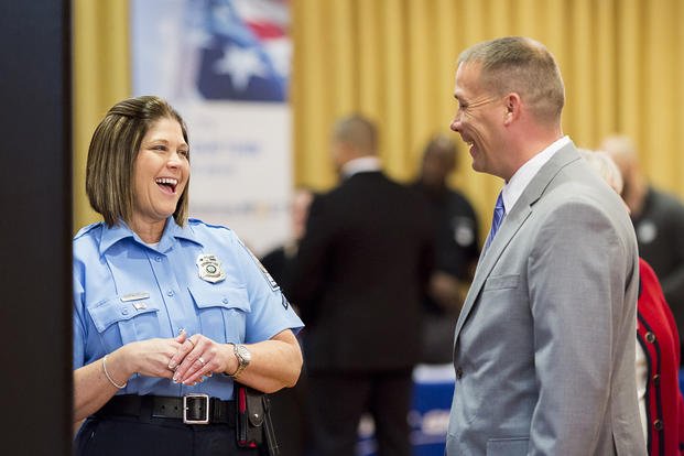 U.S. Army Maj. Phillip L. Lust attends a Hiring Heroes Career Fair at Spates Community Club on the Fort Myer portion of Joint Base Myer-Henderson Hall, Virginia.