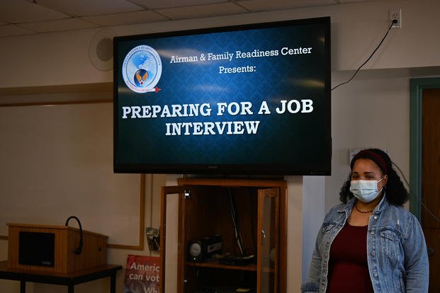 A community readiness consultant on Vandenberg Space Force Base, Calif., presents her slides to a class on how to prepare for a job interview.