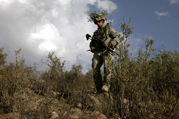 U.S. Army Sgt. Zachary Adkins conducts a dismounted patrol with his platoon near Combat Outpost Herrera, Paktiya province, Afghanistan.