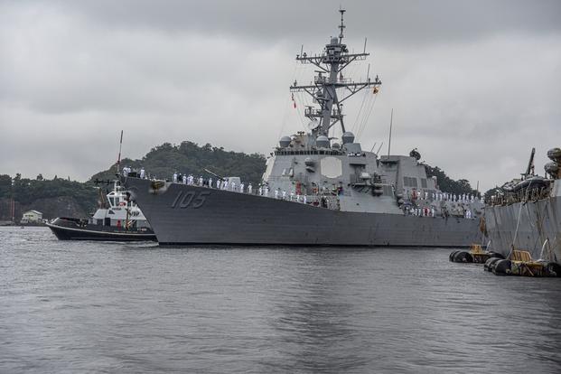 The Arleigh Burke-class guided-missile destroyer USS Dewey (DDG 105) arrives at Commander, Fleet Activities Yokosuka as one of the newest additions to Commander, Task Force (CTF) 71/Destroyer Squadron (DESRON) 15.