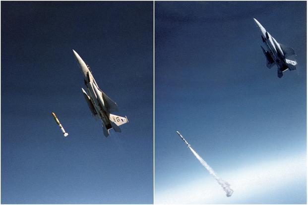 A F-15 fighter jet piloted by then-Maj. Wilbert 'Doug' Pearson Jr. flies an ASM-135 anti-satellite missile on Sept. 13, 1985. (Paul E. Reynolds/U.S. Air Force photo)