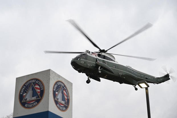 Marine One with President Joe Biden lands at Walter Reed Army Medical Center in Bethesda