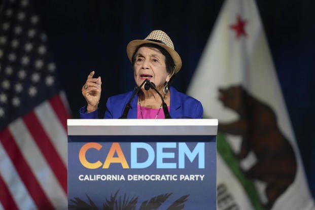 Dolores Huerta, 95, the labor leader, civil rights activist and co-founder of the National Farm Workers Association, speaks at the California Democratic Party's 2025 State Convention at the Anaheim Convention Center in Anaheim, Calif., on Saturday, May 31, 2025. (Damian Dovarganes/AP Photo) Dolores Huerta, 95, the labor leader, civil rights activist and co-founder of the National Farm Workers Association, speaks at the California Democratic Party's 2025 State Convention at the Anaheim Convention Center in Anaheim, Calif.
