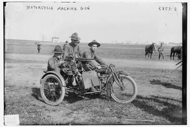 Motorcycles and belt-fed weapons: a match made in heaven. (Library of Congress photo) Motorcycles and belt-fed weapons: a match made in heaven.