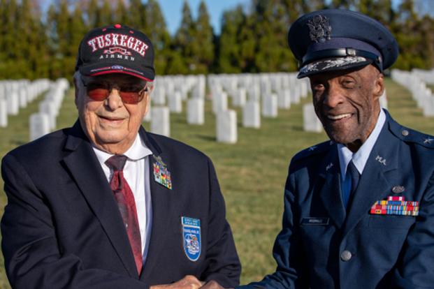 Retired service members Brig. Gen. Enoch Woodhouse and Lt. Col. George Hardy, former Tuskegee Airmen, attend funeral service in honor of 2nd Lt. Fred L. Brewer Jr. at Salisbury National Cemetery in Salisbury, N.C., Dec. 6, 2023. (U.S. Army photo by Spc. Hermon Whaley Jr.)