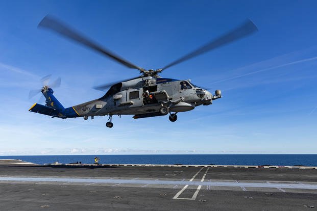 An MH-60R Sea Hawk, attached to Helicopter Maritime Strike Squadron 70, takes off from the flight deck of the world’s largest aircraft carrier, USS Gerald R. Ford (CVN 78), Sept. 25, 2025.  (U.S. Navy photo by Mass Communication Specialist Seaman Apprenti