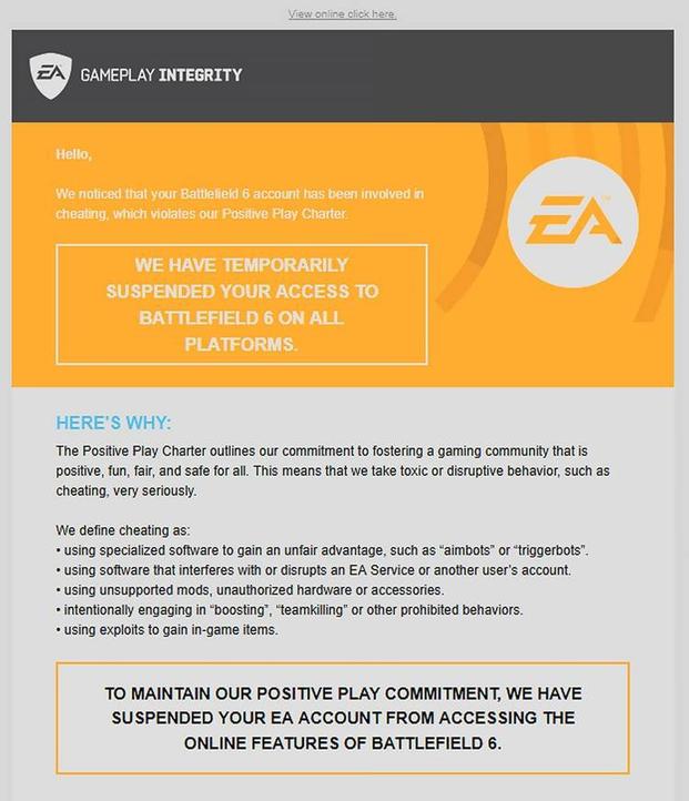 EA Gameplay Integrity Ban Notice Screenshot Battlefield 6