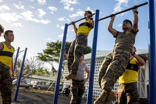 U.S. Marine Corps Cpl. Juan Antonio Rubio, right, forward observer, 3rd Air Naval Gunfire Liaison Company, Force Headquarters Group, U.S. Marine Corps Forces Reserve, conducts pull-ups alongside French Armed Forces soldiers with the 21st Marine Infantry Regiment, Troupes De Marine, French Army, during a group physical training session for Exercise DELAYEN, Tahiti, French Polynesia, Aug. 18, 2025. (Lance Cpl. Moses S. Lopez Franco/Marine Corps) Military members perform pullups.