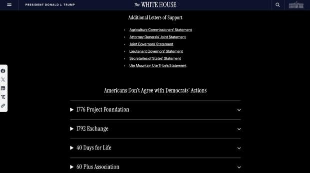 Screenshot of official White House website listing organizations under "Americans don't agree with Democrats' actions," on Friday, Oct. 24, 2025. Screenshot of official White House website listing organizations under "Americans don't agree with Democrats' actions," on Friday, Oct. 24, 2025.