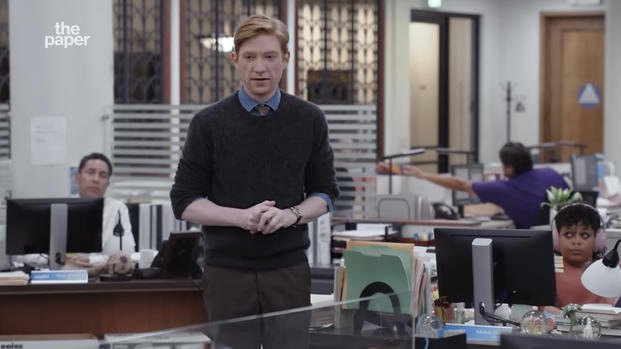 Domhnall Gleeson as Ned Sampson in the Peacock series The Paper. A screenshot from the trailer of The Paper, the Office spinoff created by Peacock.