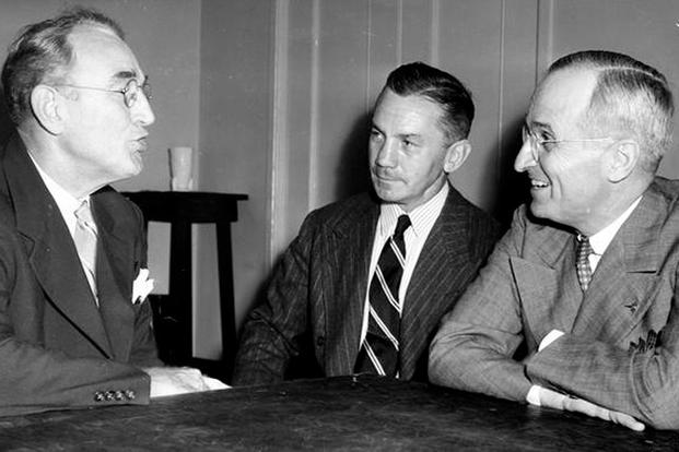 Sen. Harry S. Truman (right) with Secretary of the Navy James Forrestal (center) and Sen. James Mead (left), 1944. (Truman Library photo)