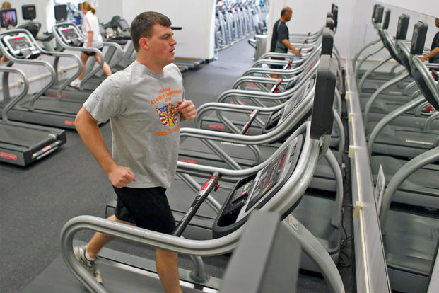 An airman finishes up his workout in the treadmill room at the Rosburg Fitness Center. 