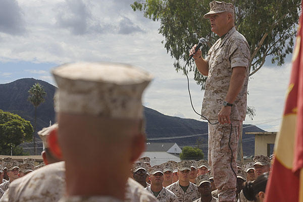 The 37th Commandant of the Marine Corps, Gen. Robert Neller, speaks to Marines of the I Marine Expeditionary Force during his visit to Marine Corps Base Camp Pendleton, California, Oct. 5, 2015. (U.S.Marine Corps/Sgt. James Gulliver)