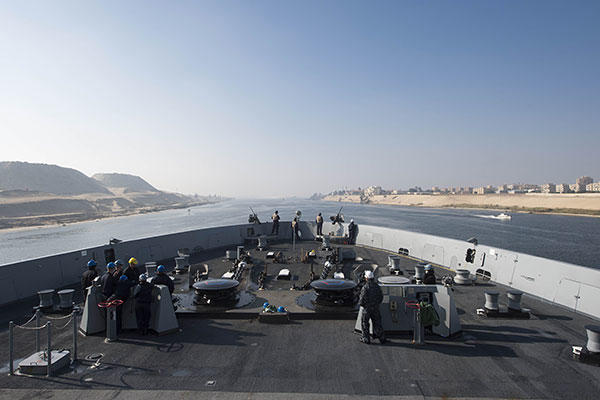 The amphibious transport dock ship USS Arlington (LPD 24) transits the Suez Canal. (U.S. Navy/MC Seaman Kaleb R. Staples)
