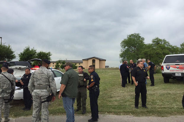 Police and sheriff's deputies respond to a shooting at Lackland Air Force Base in San Antonio. Bexar County Sheriff's Department photo