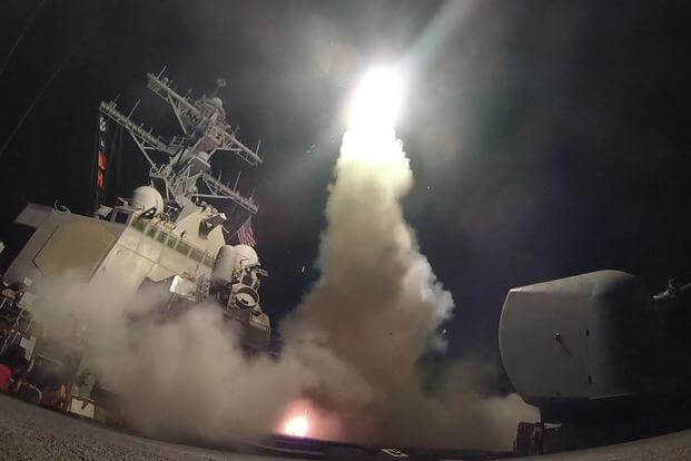 The guided-missile destroyer USS Porter conducts strike operations against a Syrian air base while in the Mediterranean Sea, April 7, 2017. Mass Communication Specialist 3rd Class Ford Williams/Navy