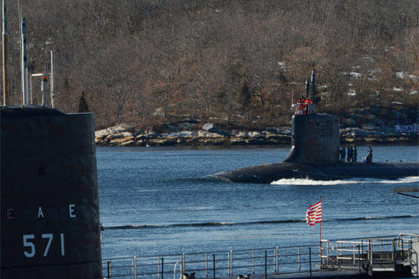 The Virginia-class attack submarine USS New Mexico (SSN 779) departs Naval Submarine Base New London for Ice Exercise 2014.