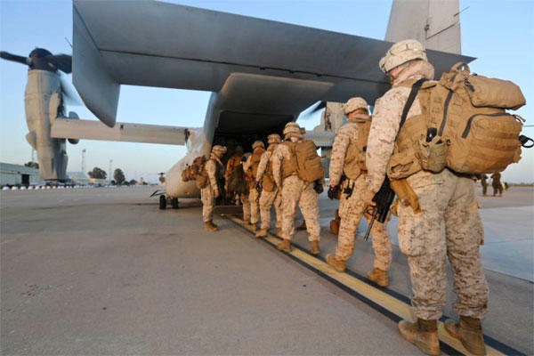 U.S. Marines from Special-Purpose Marine Air-Ground Task Force Crisis Response board an MV-22B Osprey at Moron Air Base, Spain, May 13, 2014.(Alexander Hill/Courtesy U.S. Marine Corps)