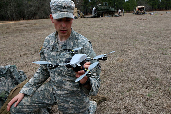 Soldiers with the U.S. Army’s Experimentation Force, known as EXFOR, test miniature drones during an exercise March 4 at Fort Benning, Georgia. Photo by Matthew Cox/Military.com