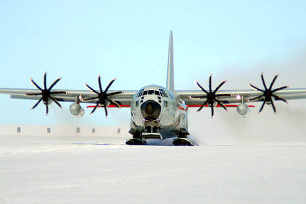 A ski-equipped LC-130 Hercules from the New York Air National Guard’s 109th Airlift Wing takes off Feb. 2, 2011, during an Operation Deep Freeze mission in Antarctica. (U.S. Air Force photo)