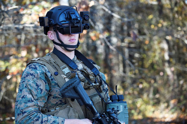 A student in the Marine Corps infantry officer course uses the Office of Naval Research-funded Augmented Immersive Team Trainer (AITT) during testing held at Quantico, Va, Nov. 5, 2015. (Photo by John Williams/U.S. Navy)
