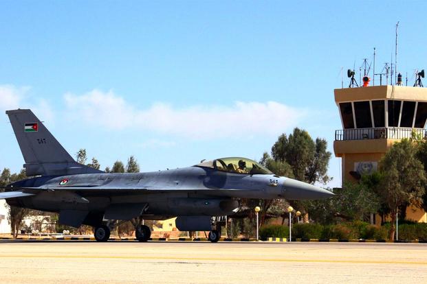 FILE - An F-16 Fighting Falcon from the Royal Jordanian Air Force taxis on the flightline at an air base in northern Jordan May 26, 2014. (U.S. Air Force photo by Staff Sgt. Tyler McLain)