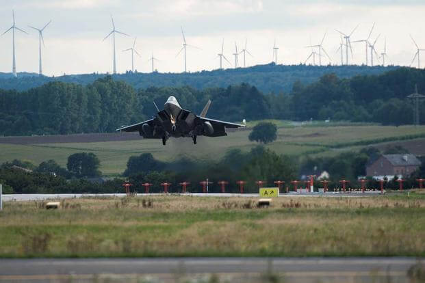 An F-22 Raptor fighter aircraft lands at Spangdahlem Air Base, Germany, Aug. 28, 2015, as part of the inaugural F-22 training deployment to Europe. (U.S. Air Force photo/Chad Warren)