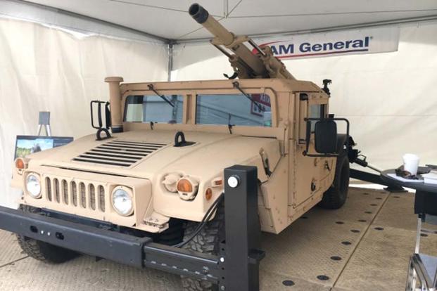 Mandus Group has developed a stabilized 105mm cannon system designed to be mounted on the back of Humvees, Joint Light Tactical Vehicles and similar-sized platforms. (Matt Cox/Military.com)