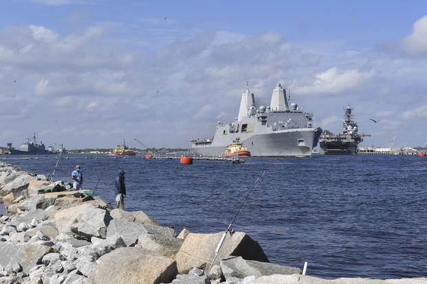 The amphibious transport dock ship USS New York (LPD 21) departs Naval Station Mayport to provide relief efforts to the Gulf Coast region in anticipation of Hurricane Nathan, Oct. 7, 2017. (U.S. Navy photo/Michael Lopez)